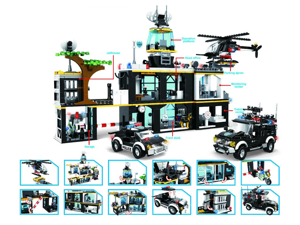 mamido Konstrukční kostky mega sada 1261 dílů policie auto stanice + vozidla