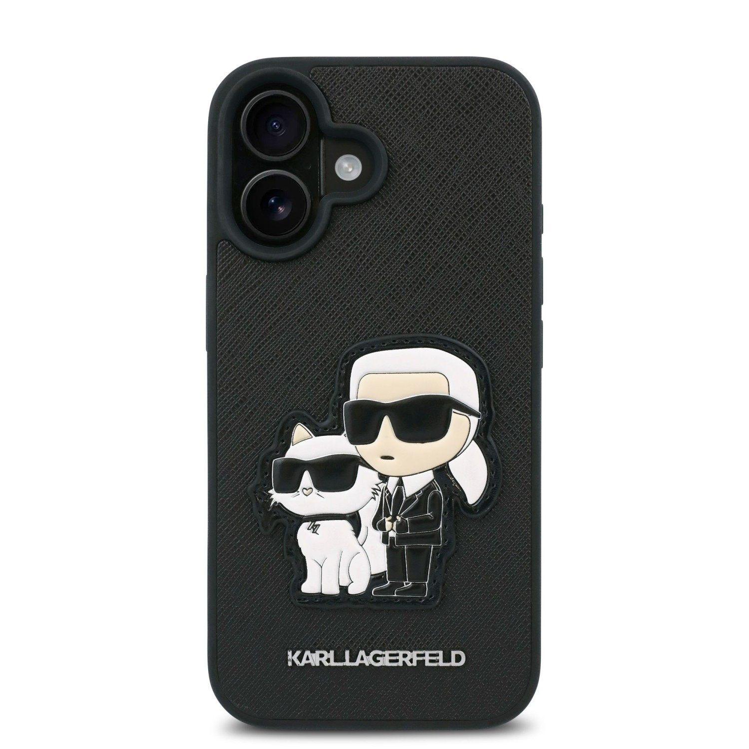 Zadní kryt Karl Lagerfeld PU Saffiano Karl and Choupette pro Apple iPhone 16 Plus, černá