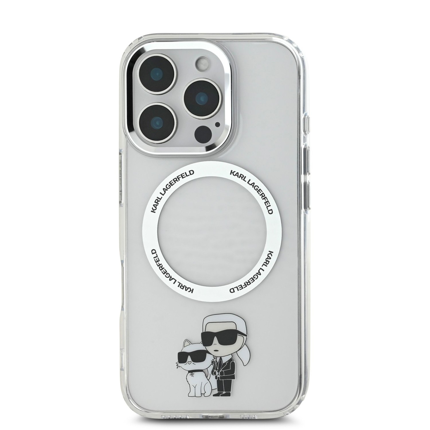 Zadní kryt Karl Lagerfeld IML Karl and Choupette MagSafe pro Apple iPhone 16 Pro, transparentní