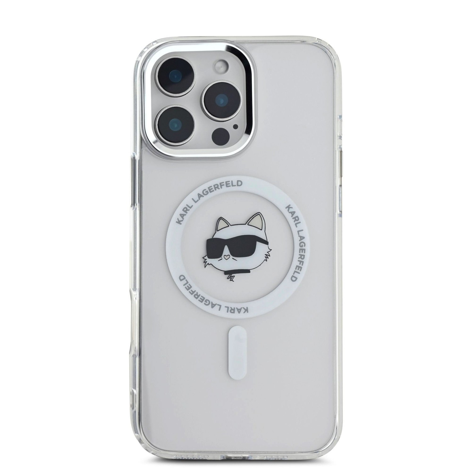 Zadní kryt Karl Lagerfeld IML Choupette Head Metal Frame MagSafe pro Apple iPhone 16 Pro Max, transparentní