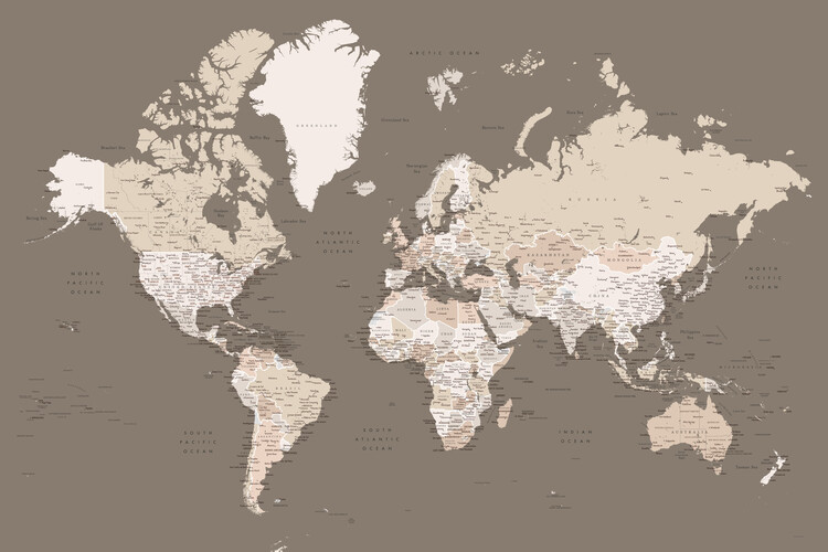 Blursbyai Mapa Earth tones detailed world map with cities, Blursbyai, 40 × 26.7 cm