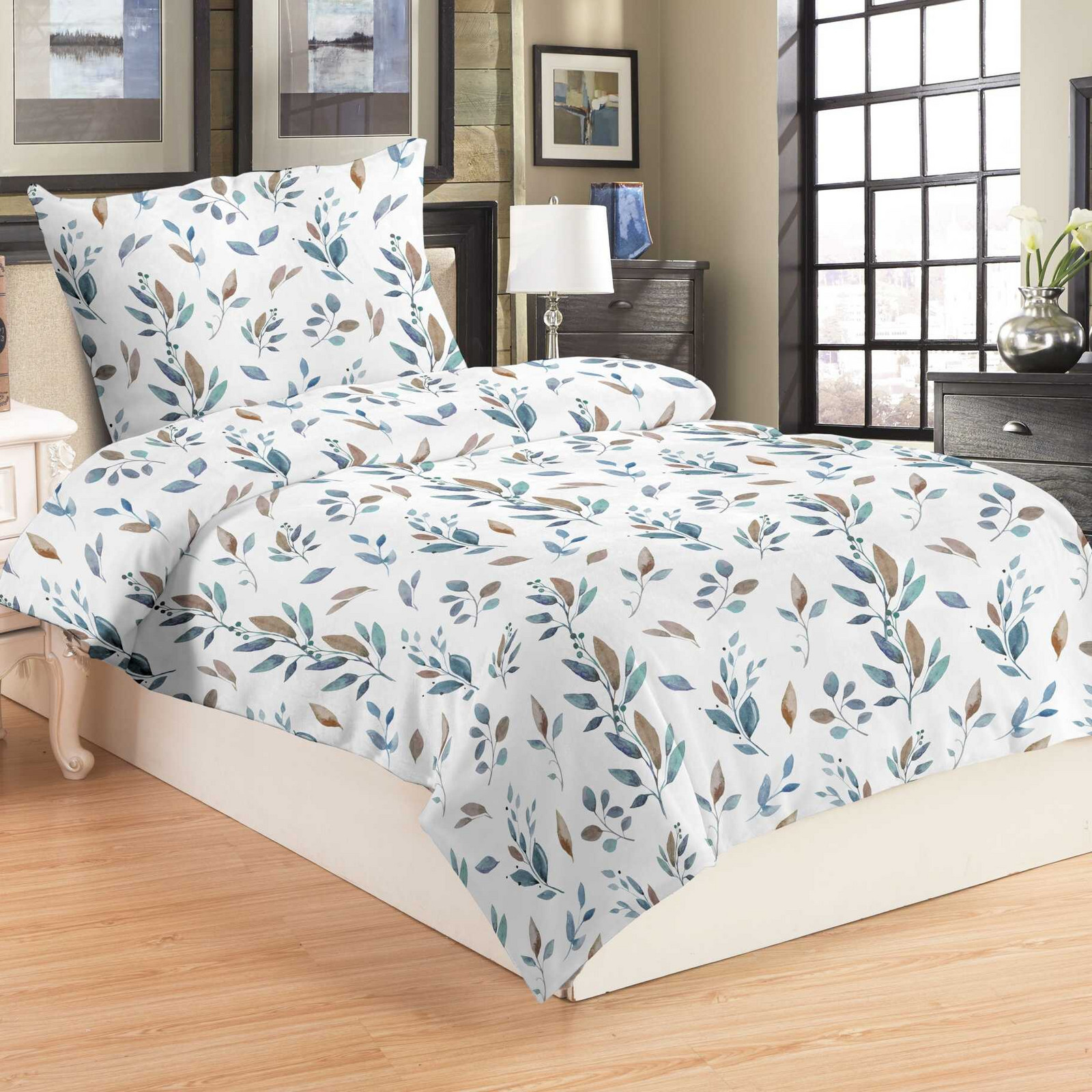 Plyšové povlečení 140 x 200 Šedomodré větvičky - mikroflanel