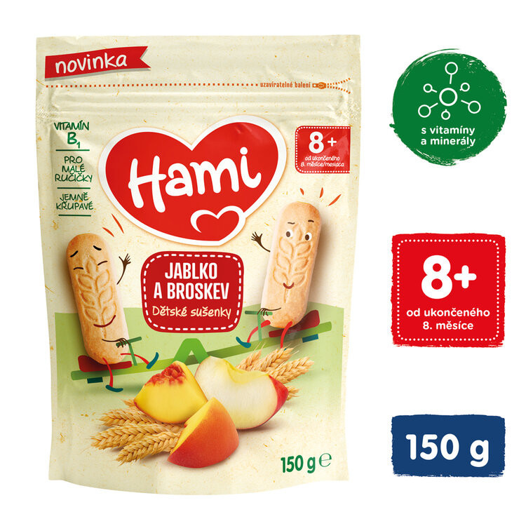 HAMI Sušenky dětské jablko a broskev 150g, od uk. 8. měsíce