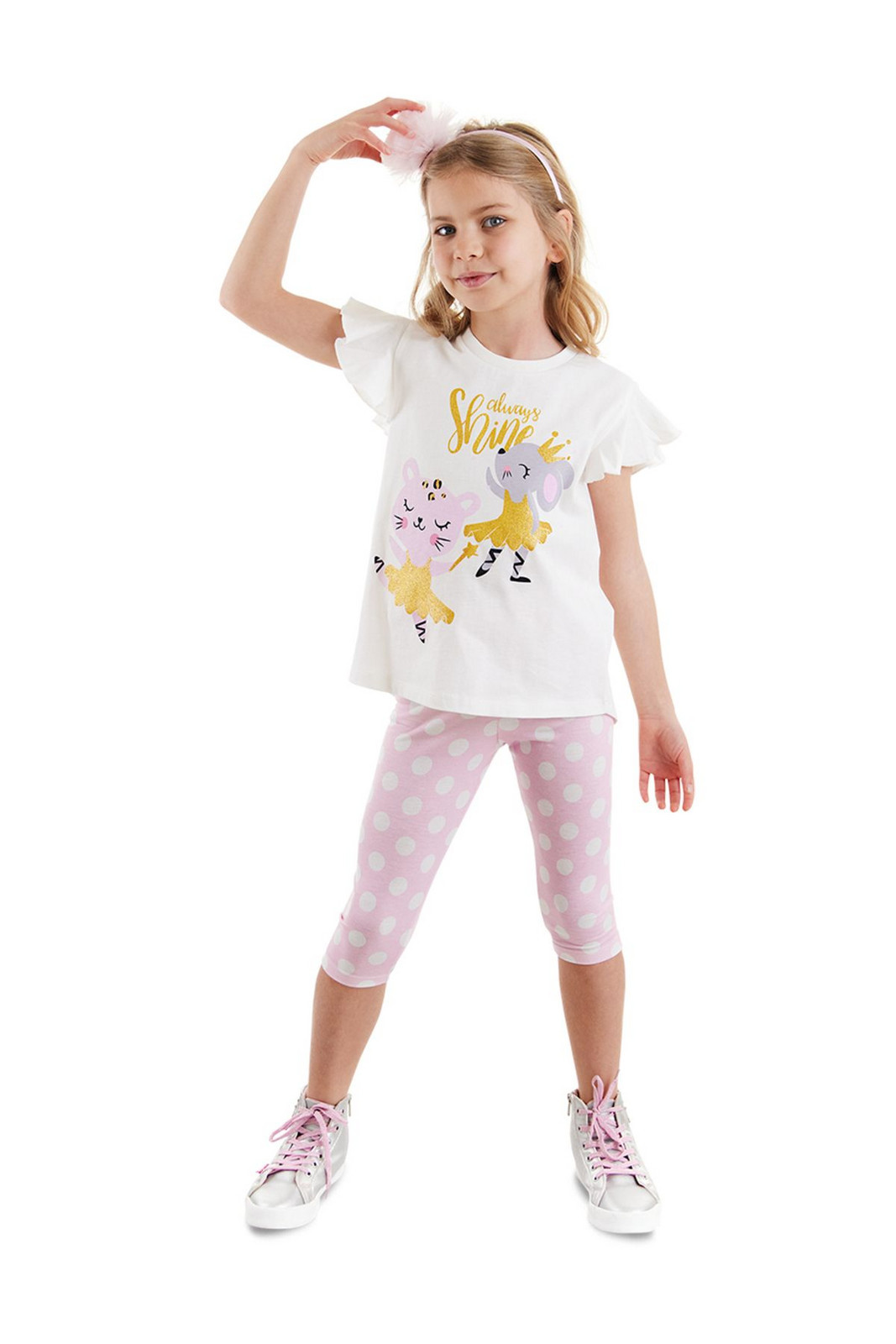 Denokids Ballerina Animals Ruffle Polka Dot Girl's Summer T-shirt Tights Set