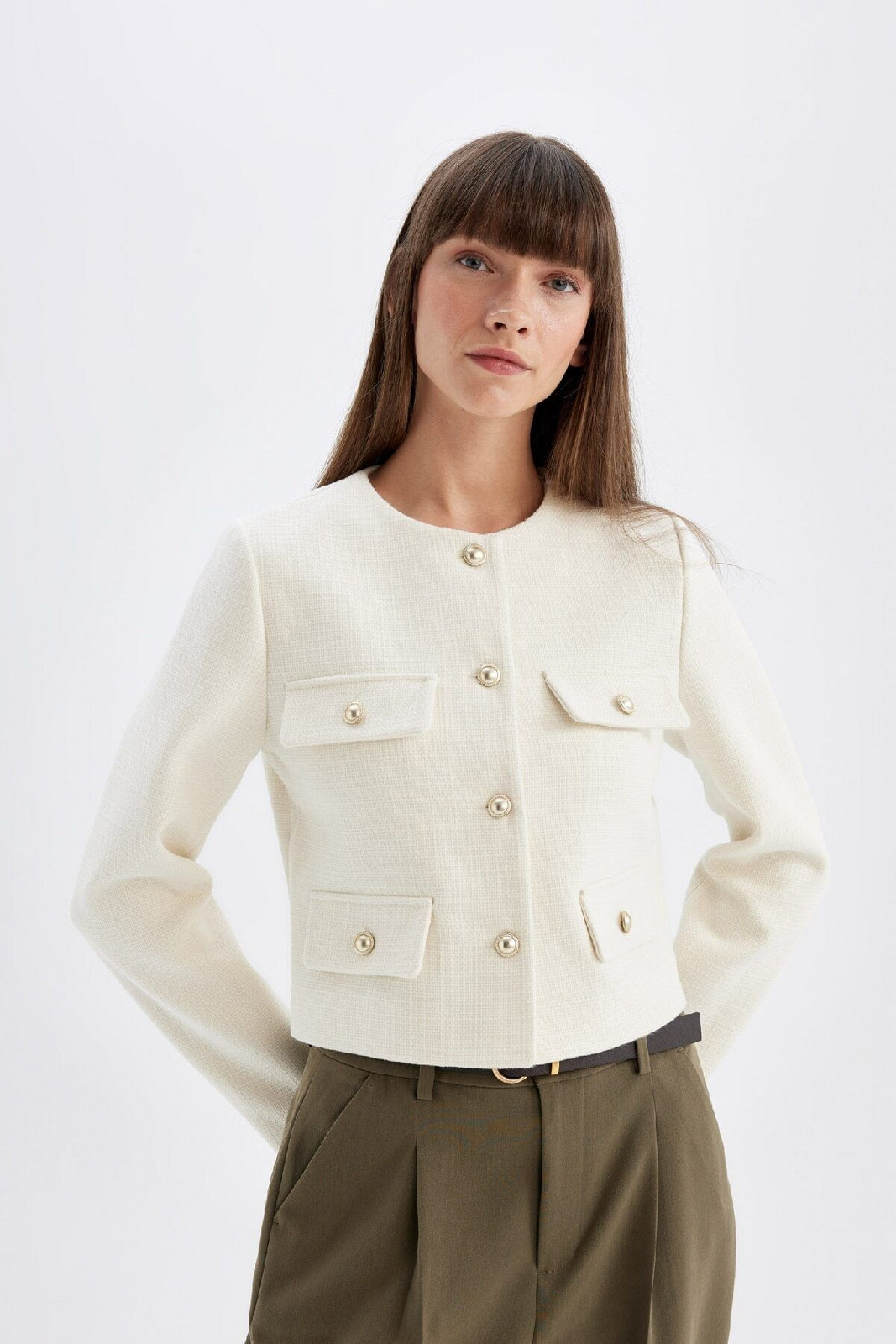 DEFACTO Crop Crew Neck Button Down Blazer Jacket