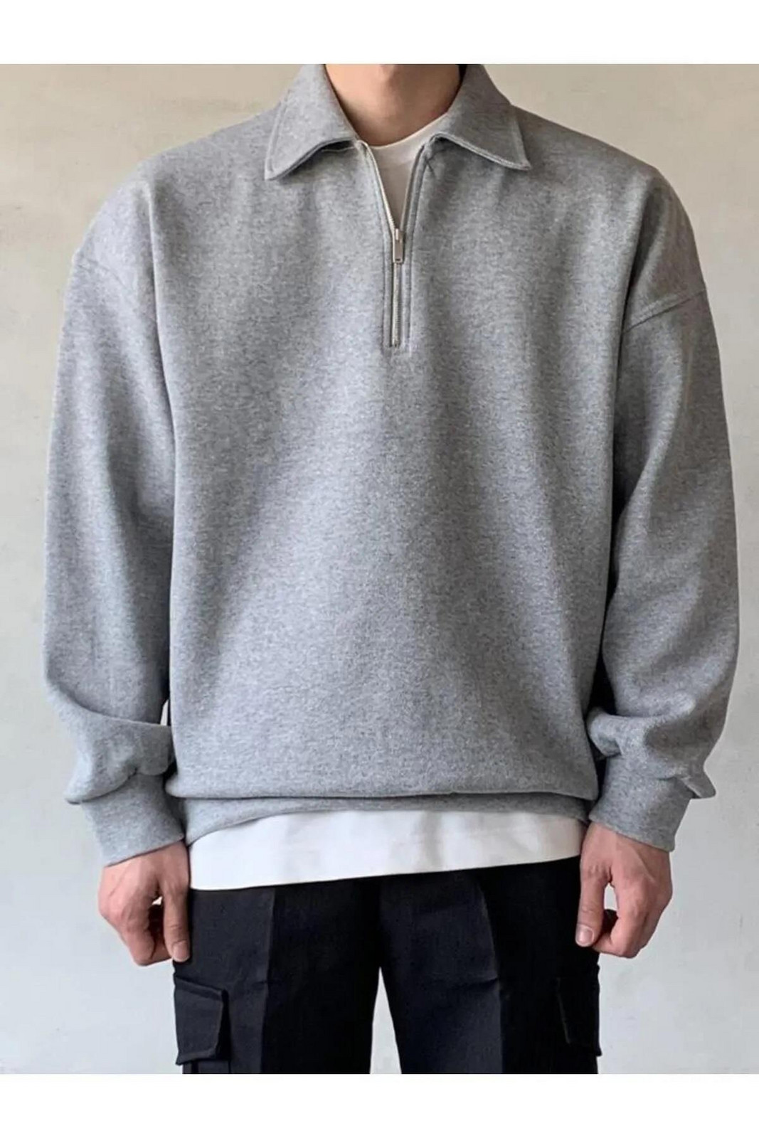 43297 Dewberry Oversize Half Zipper Mens Sweatshirt-GREY