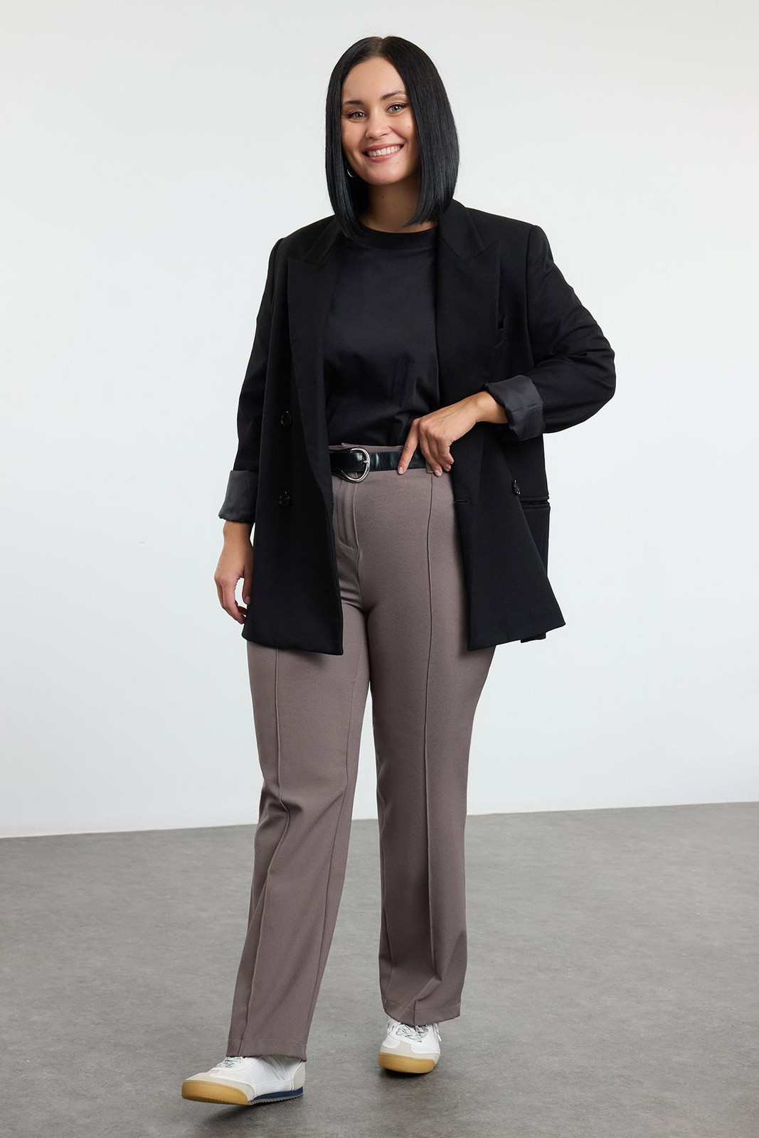 Trendyol Curve Grey High Waist Ribbed Stitched Spanish Leg Woven Fabric Trousers