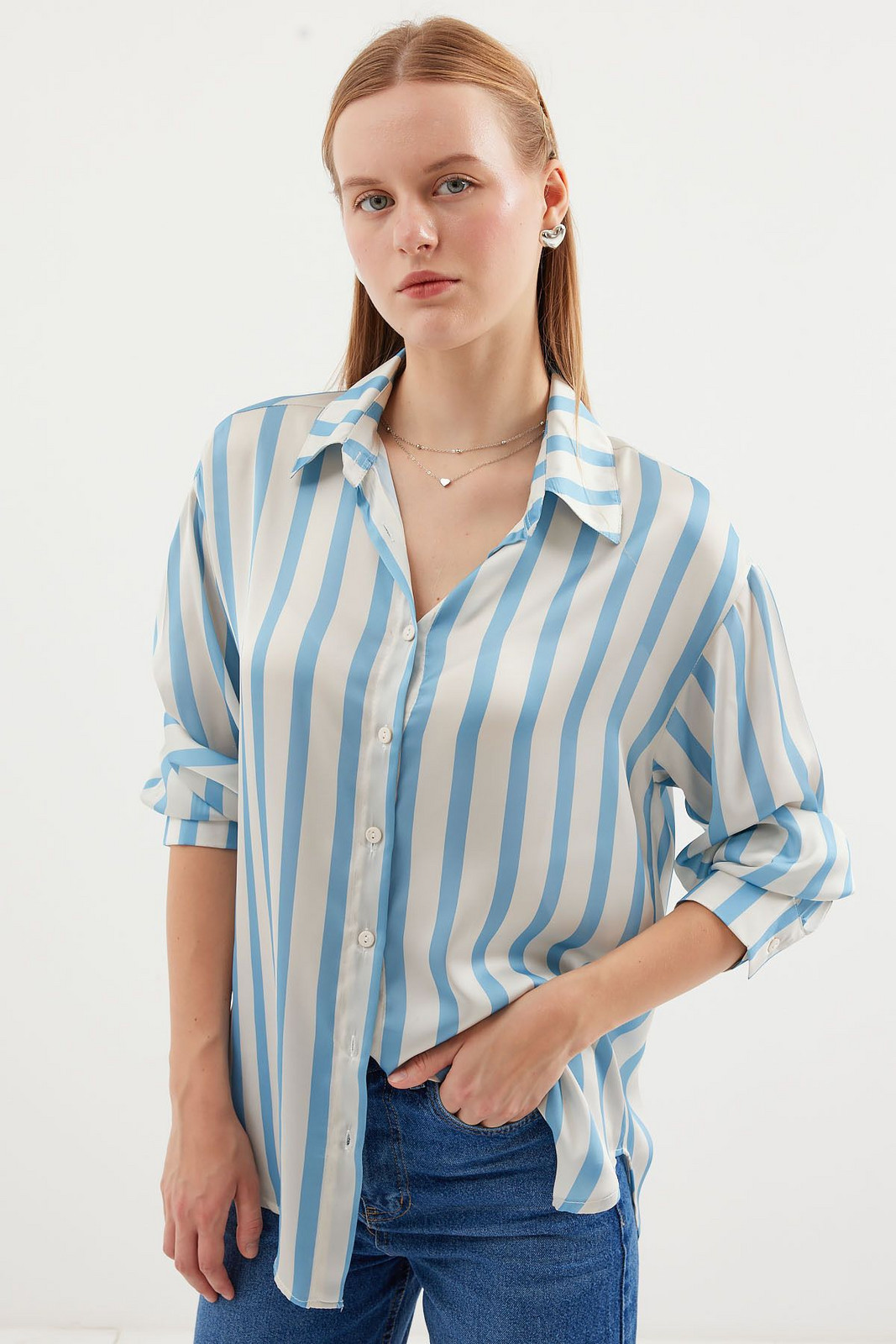 Bigdart 3964 Lightly Flowing Satin Shirt - E. Blue