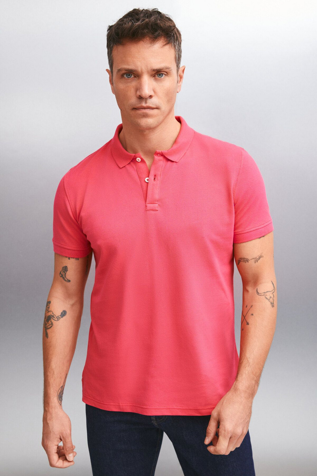 GRIMELANGE MARTEN Men's 100% Cotton Short Sleeve Regular Fit Fuchsia Polo Collar T-shir