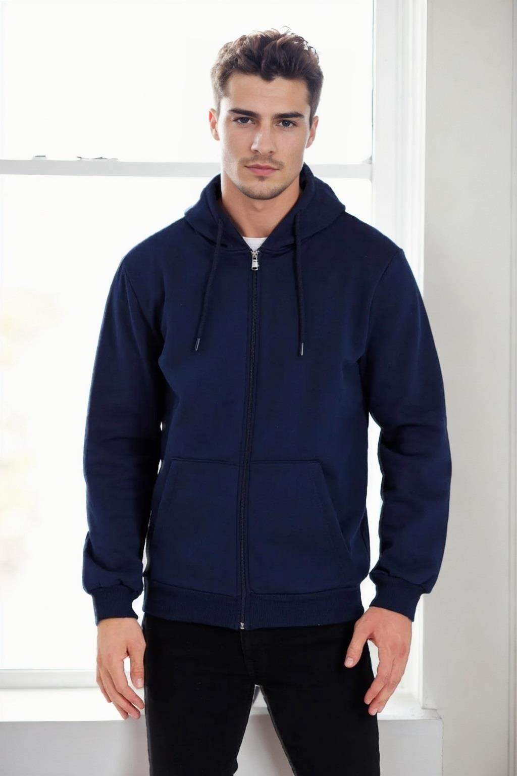 94090 Dewberry Kangaroo Pocket Hooded Zipper Mens Sweatshirt-NAVY