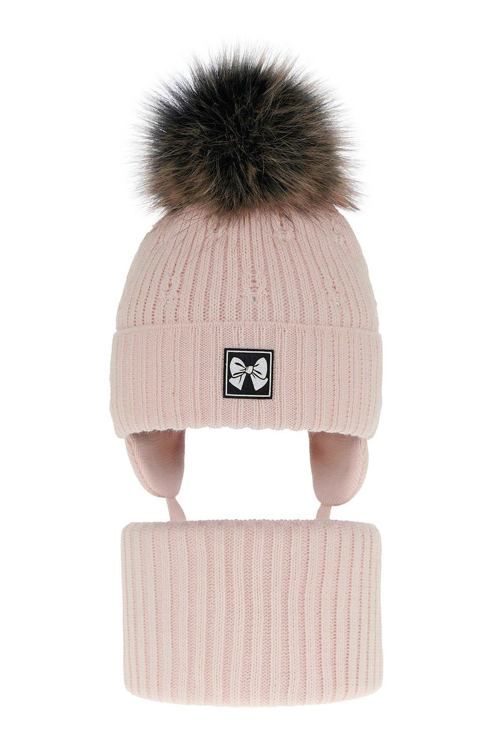 AGBO Girl's winter set: hat and tube scarf pink Kinia with pompom