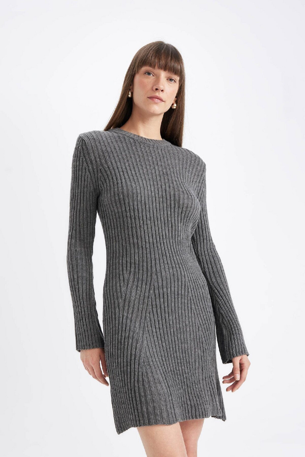 DEFACTO A Cut Crew Neck Long Sleeve Mini Knit Dress