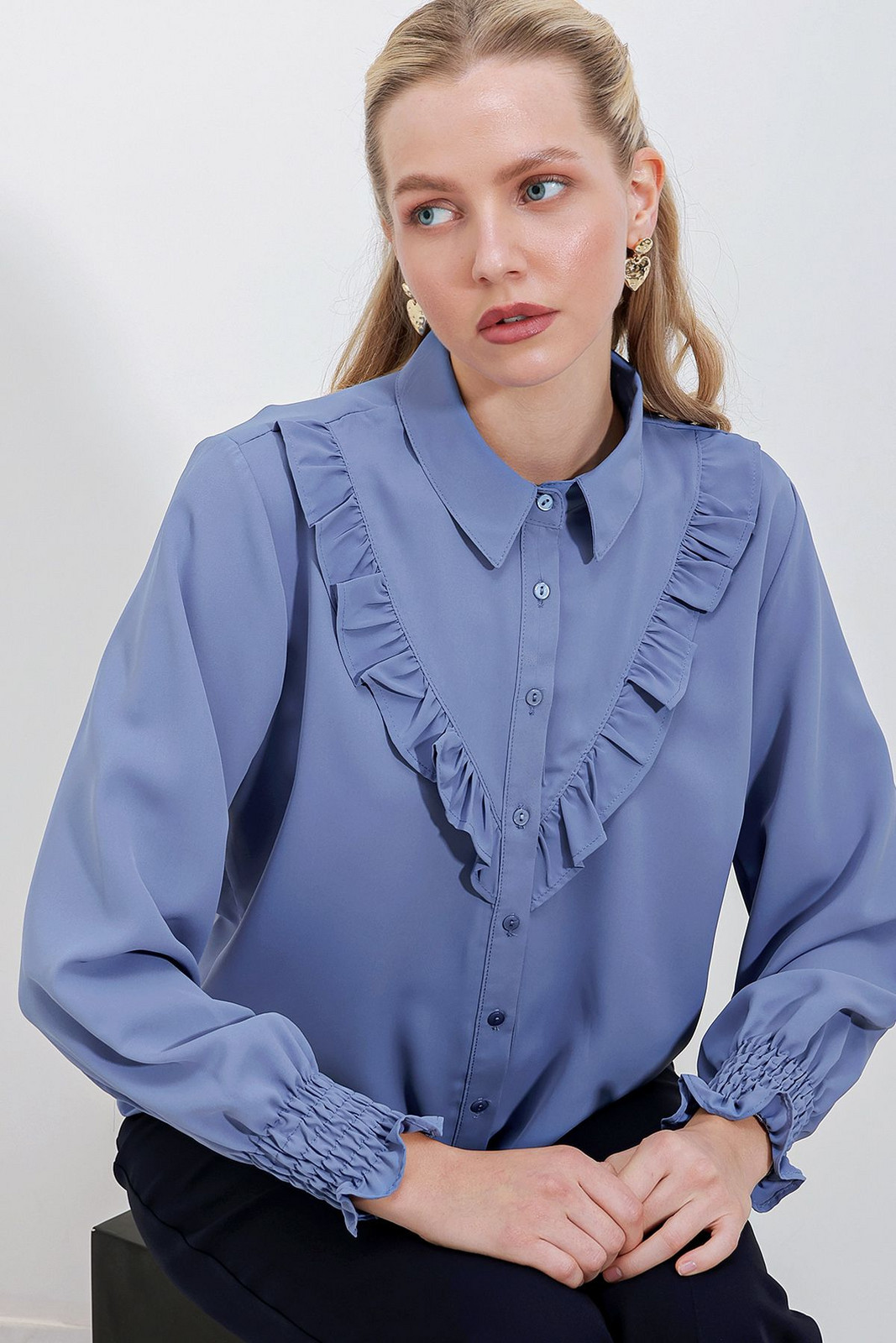 Bigdart 20223 Ruffle Long Sleeve Shirt - Indigo