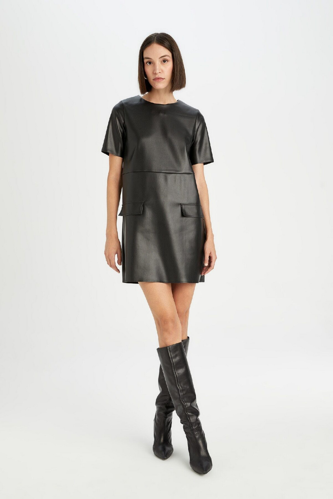 DEFACTO A Cut Round Neck Basic Plain Faux Leather Short Sleeve Mini Dress