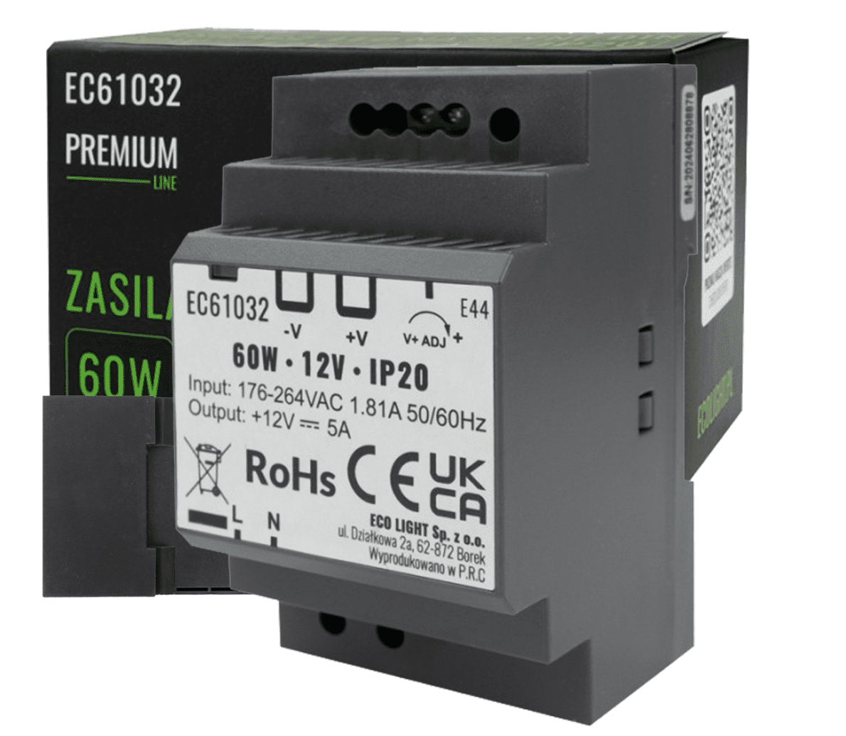 Berge Napájecí zdroj na DIN lištu - 12V 60W 5A pro IP20 PREMIUM LED pásek EC61032