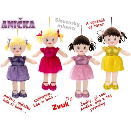 Panenka Anička hadrová 32cm na baterie slovensky mluvící a zpívající 4barvy v sáčku