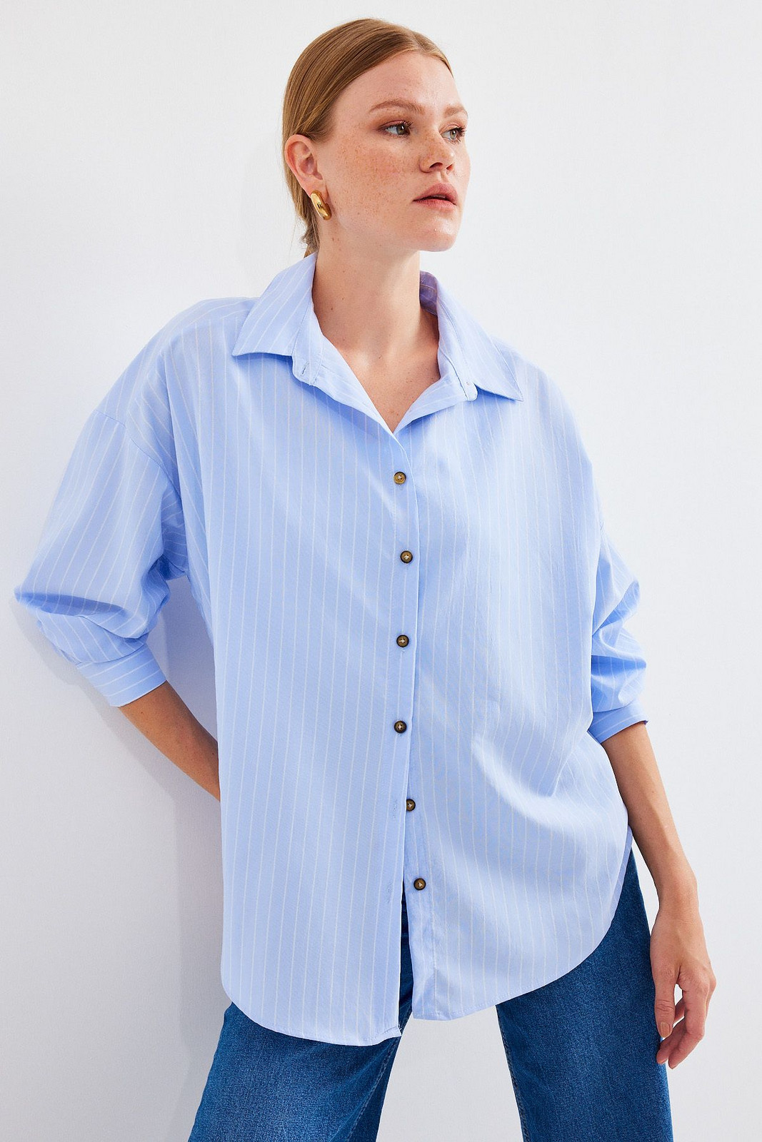 Bigdart 20208 Striped Oversize Long Basic Shirt - Blue