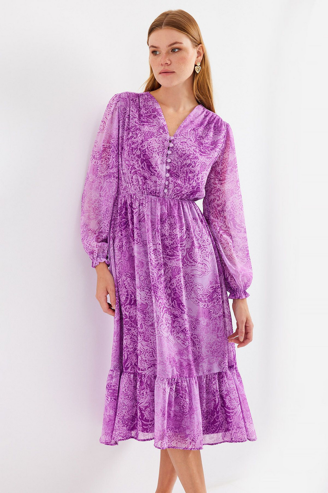 Bigdart 2137 Patterned Chiffon Dress - Dark Lilac