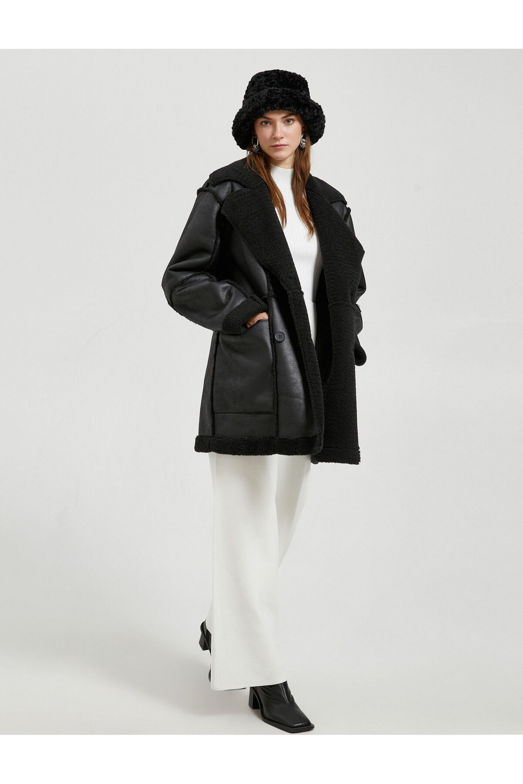 Koton Faux Leather Coat Faux Shearling Pocket Detailed Double Breasted Buttoned