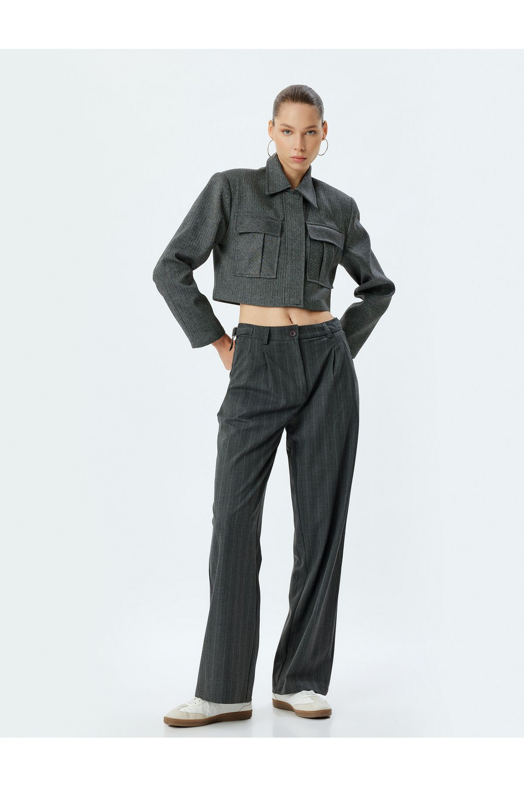 Koton Fabric Trousers Straight Leg Standard Waist Button Belt Detail Viscose Blend