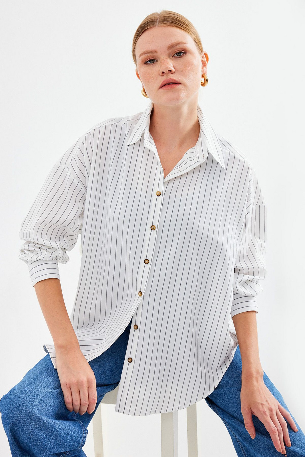 Bigdart 20208 Striped Oversize Long Basic Shirt - White