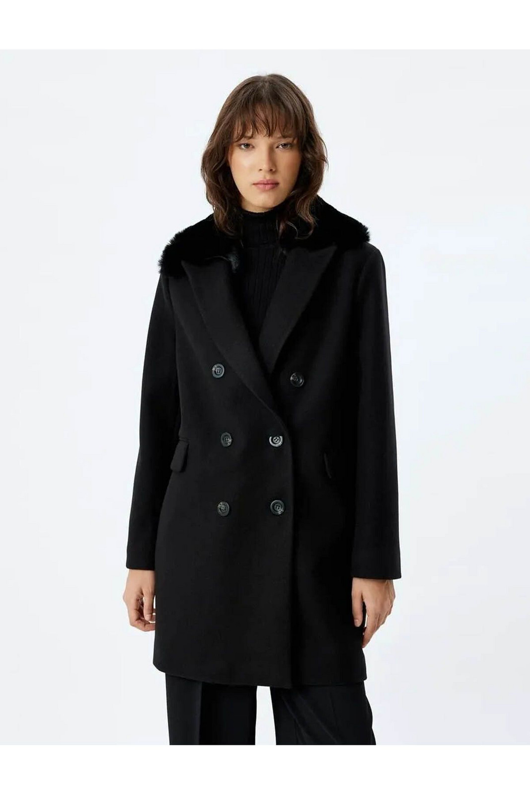 Koton Long Stamp Coat with Removable Faux Für Collar and Pockets