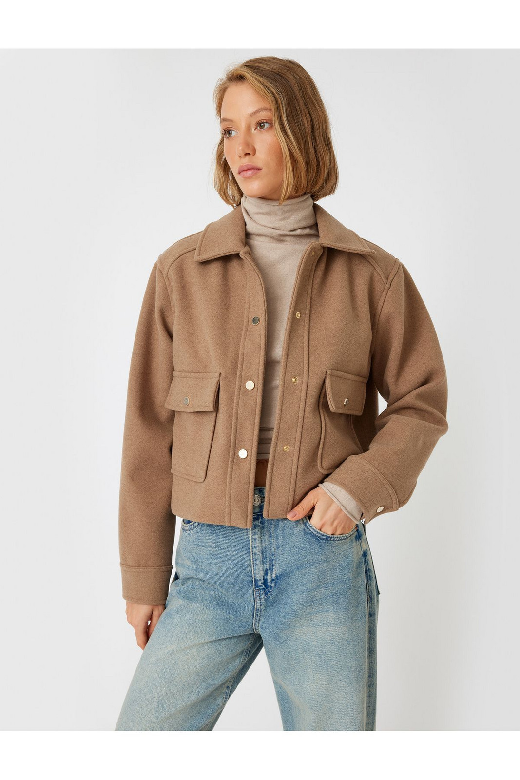 Koton Crop Cashmere Jacket Buttoned Pocket Shirt Collar