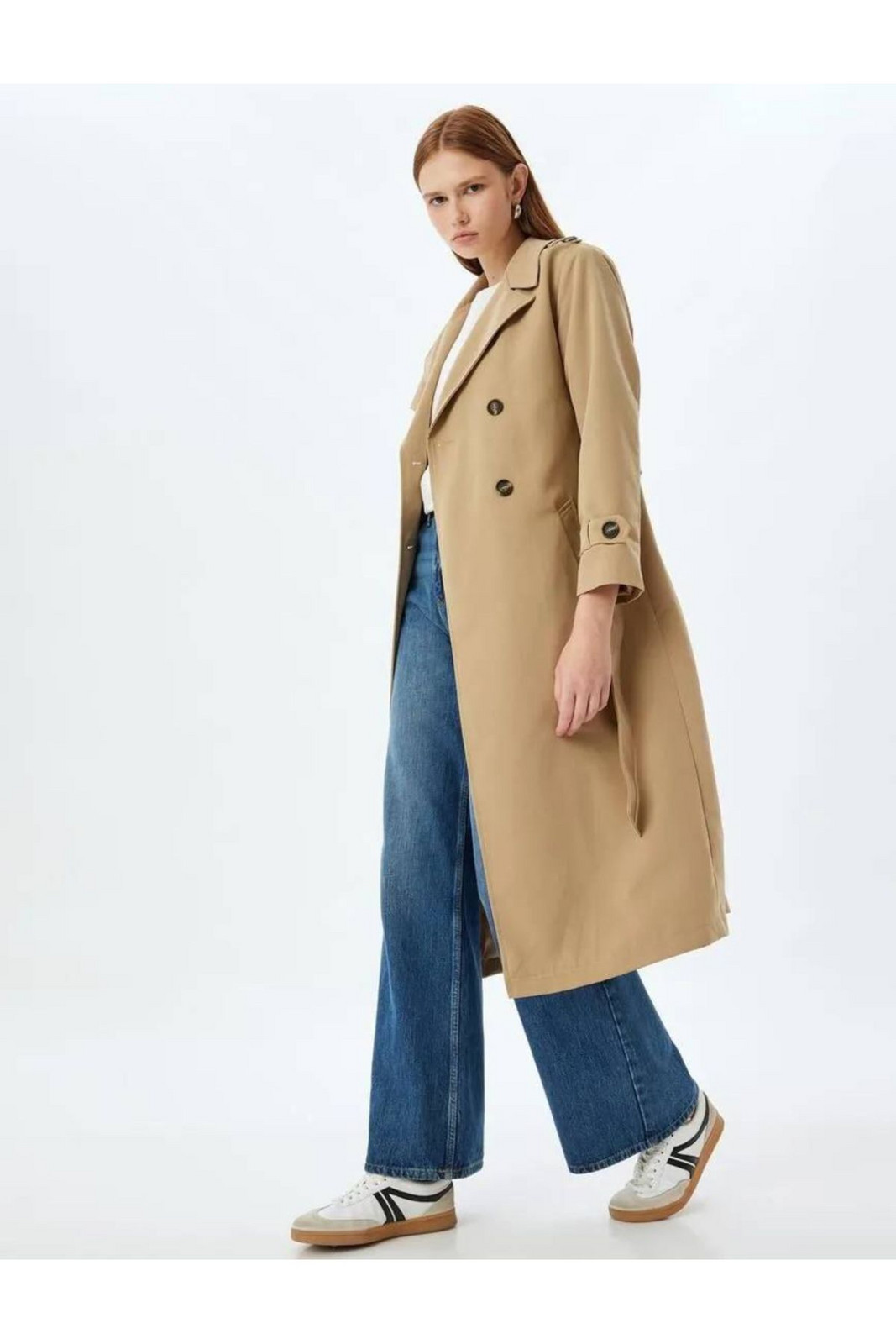 Koton Double Breasted Reverse Collar Buttoned Trench Coat with Belt Detail