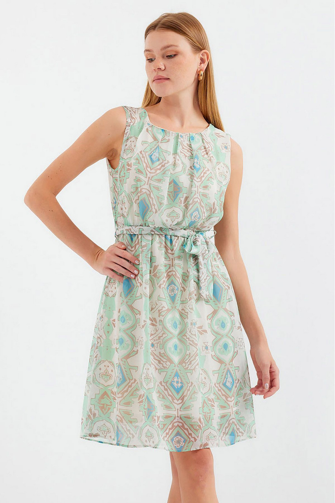 Bigdart 2501 Patterned Zero Sleeve Chiffon Dress - Mint