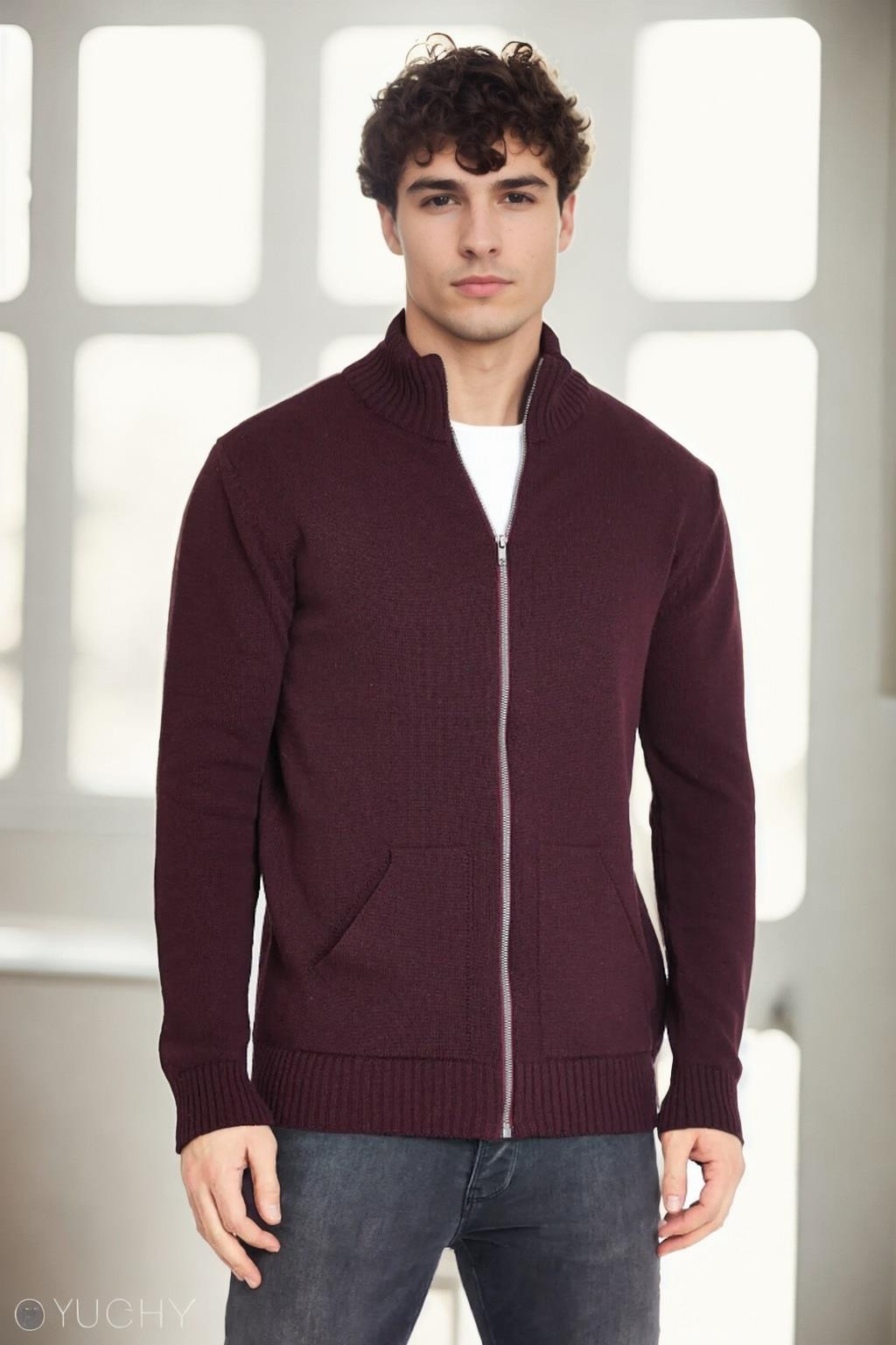 83582 Dewberry Zippered Knitwear Mens Cardigan with Pocket-BORDO