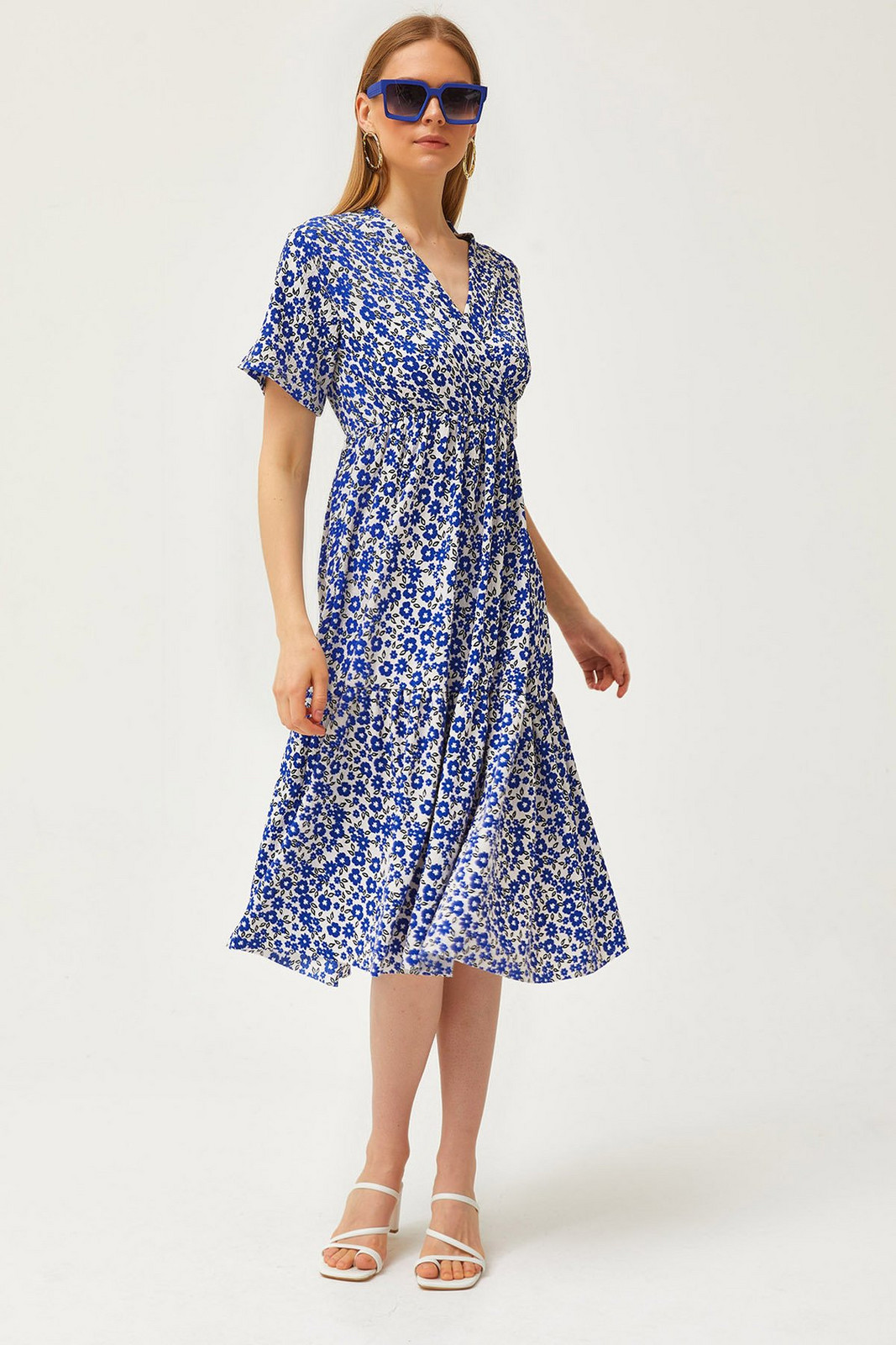 Olalook Women's Daisy Saks Blue Elastic Waist Double Breasted Collar Patterned Dress