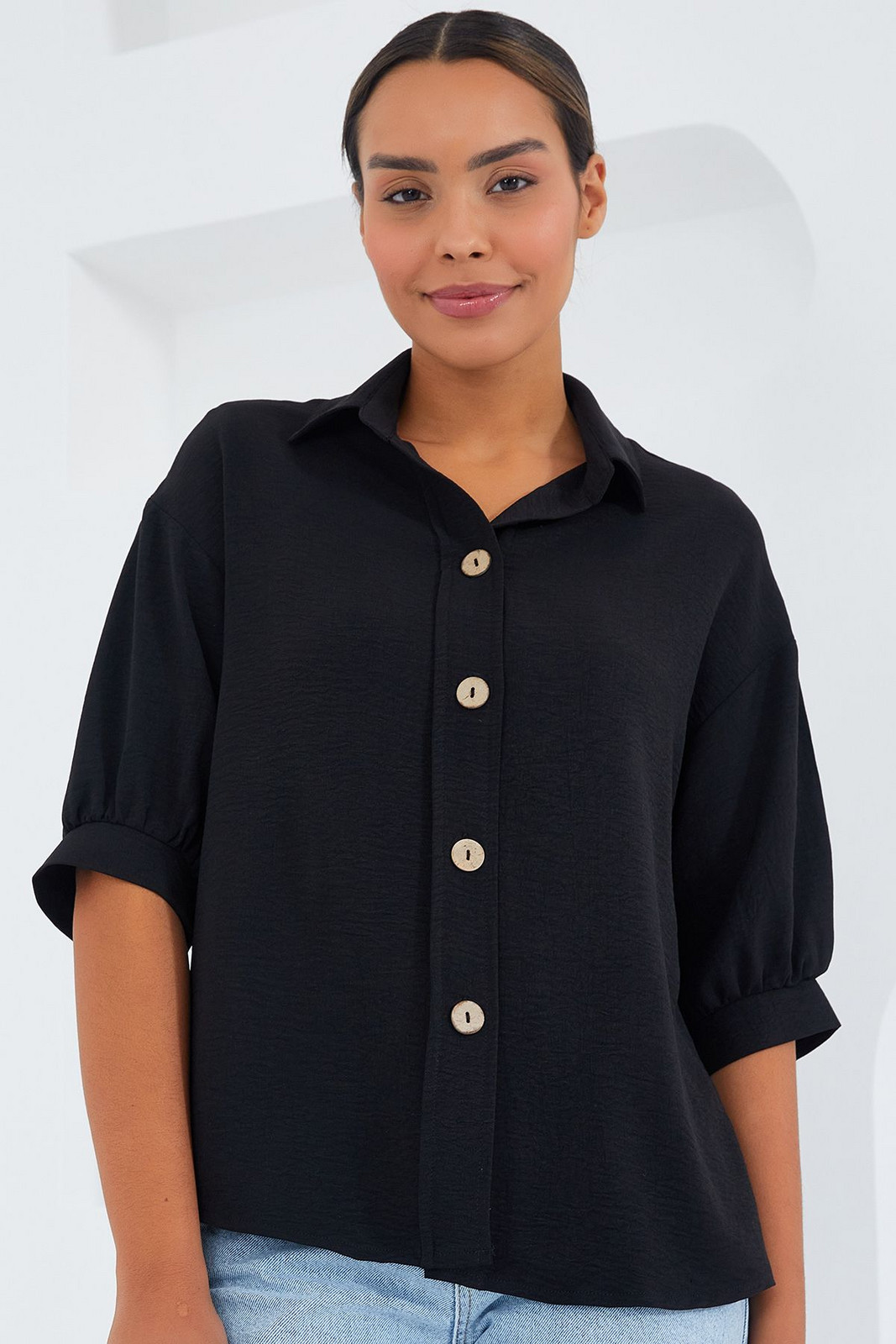 Bigdart Women's Black Short Sleeve Oversize Linen Shirt 20240