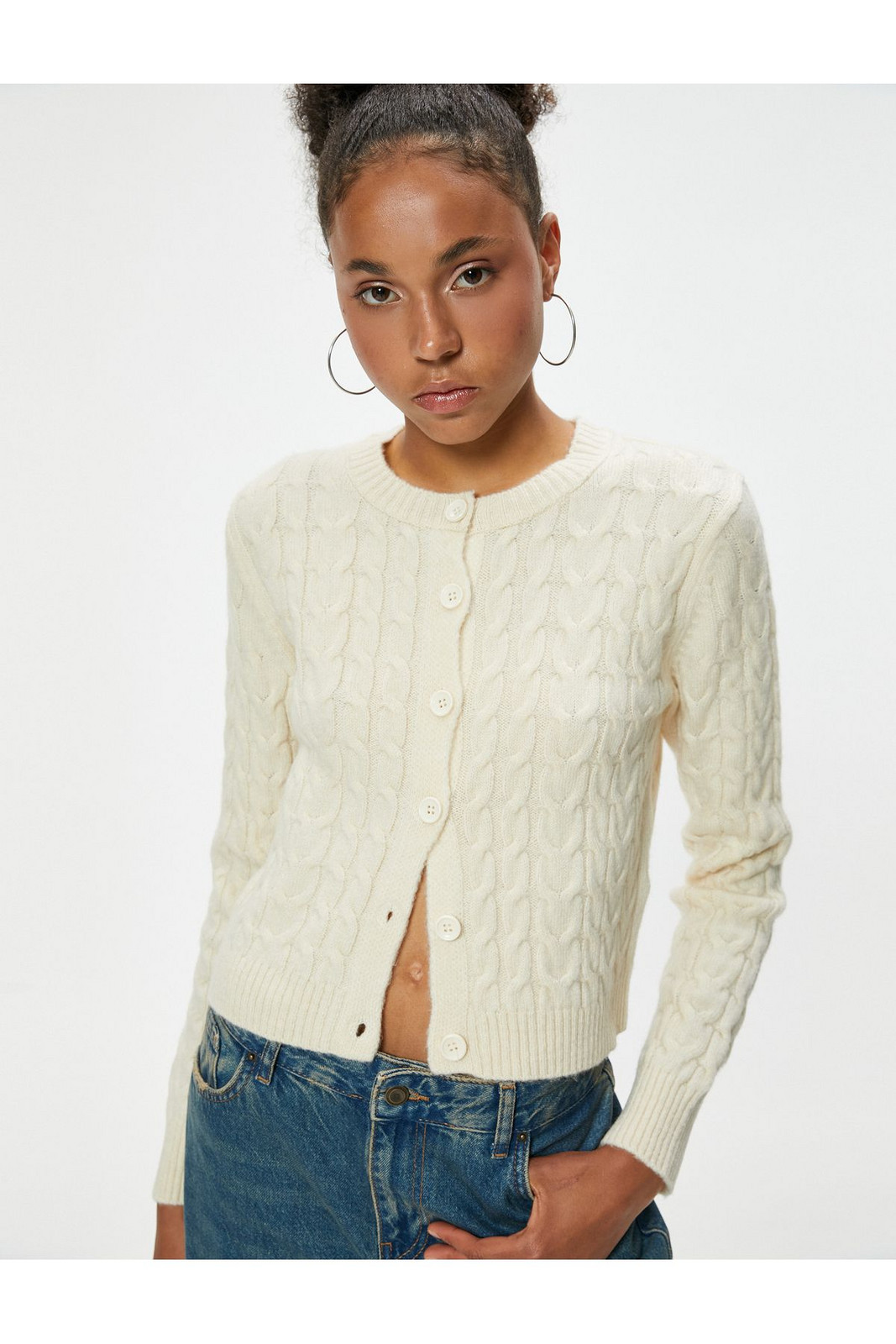 Koton Knitted Cardigan Hair Knit Textured Buttoned Crew Neck