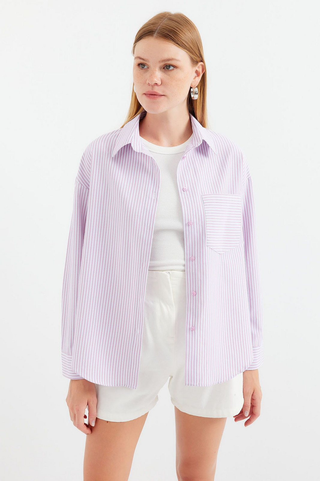 Bigdart 20212 Single Pocket Striped Oversize Shirt - Pink