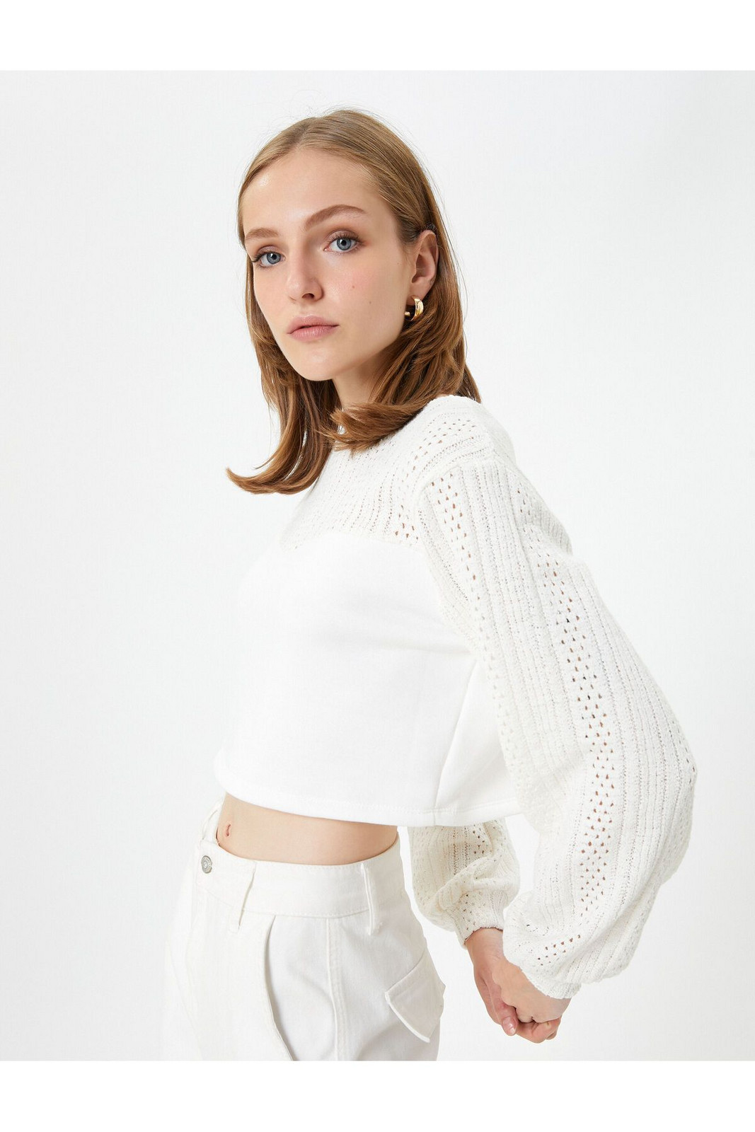 Koton Crop Sweater Openwork Balloon Sleeve Crew Neck