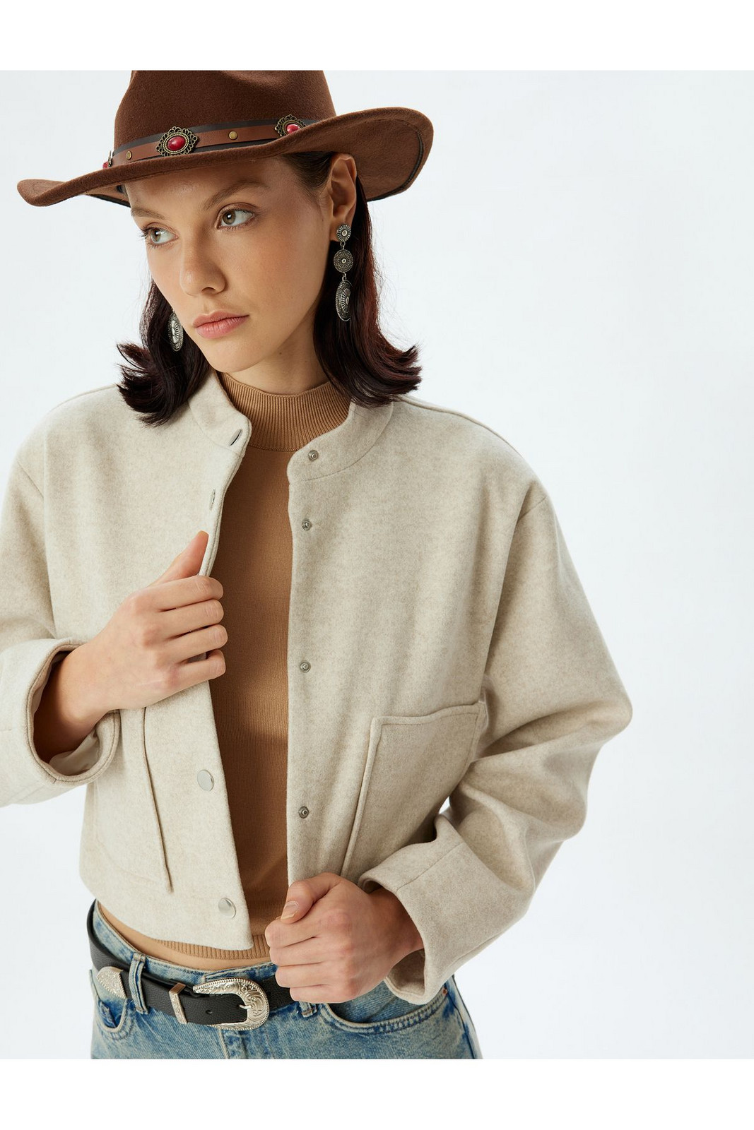 Koton Crop Bomber Jacket Soft Texture Round Neck Pocket Buttoned