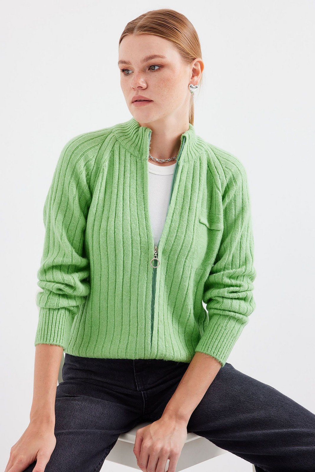 Bigdart 15880 Zippered Knitwear Cardigan - E.Green