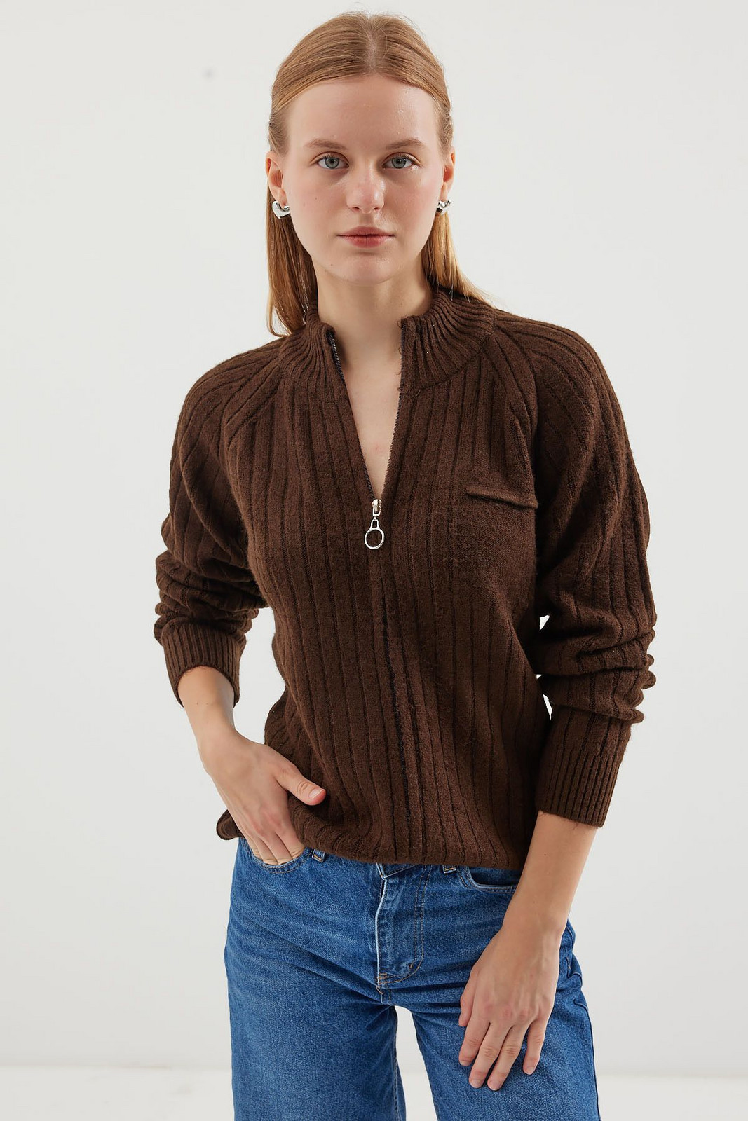 Bigdart 15880 Zippered Knitwear Cardigan - Brown