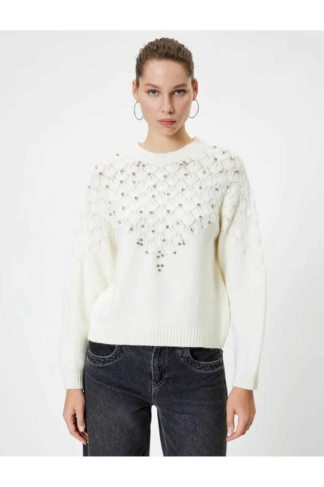 Koton Crew Neck Knitwear Sweater Stone Detailed Long Sleeve