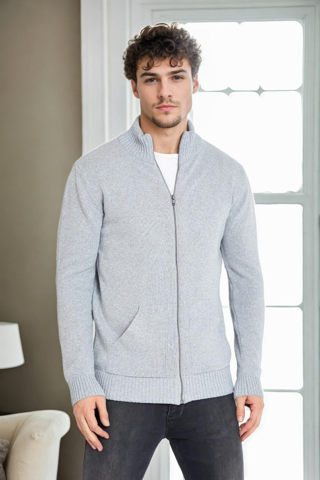 83582 Dewberry Zippered Knitwear Mens Cardigan with Pocket-LIGHT GREY