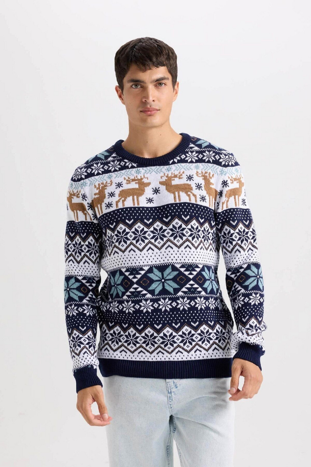 DEFACTO Men's Standard Fit Crew Neck Christmas Themed Knitwear Sweater