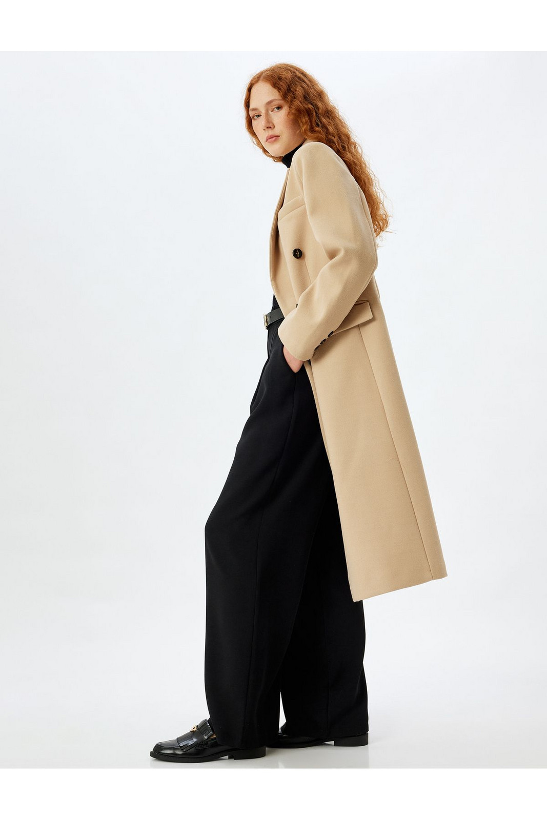 Koton Long Cashmere Coat Thick Knitted Double Breasted Buttoned Pocket