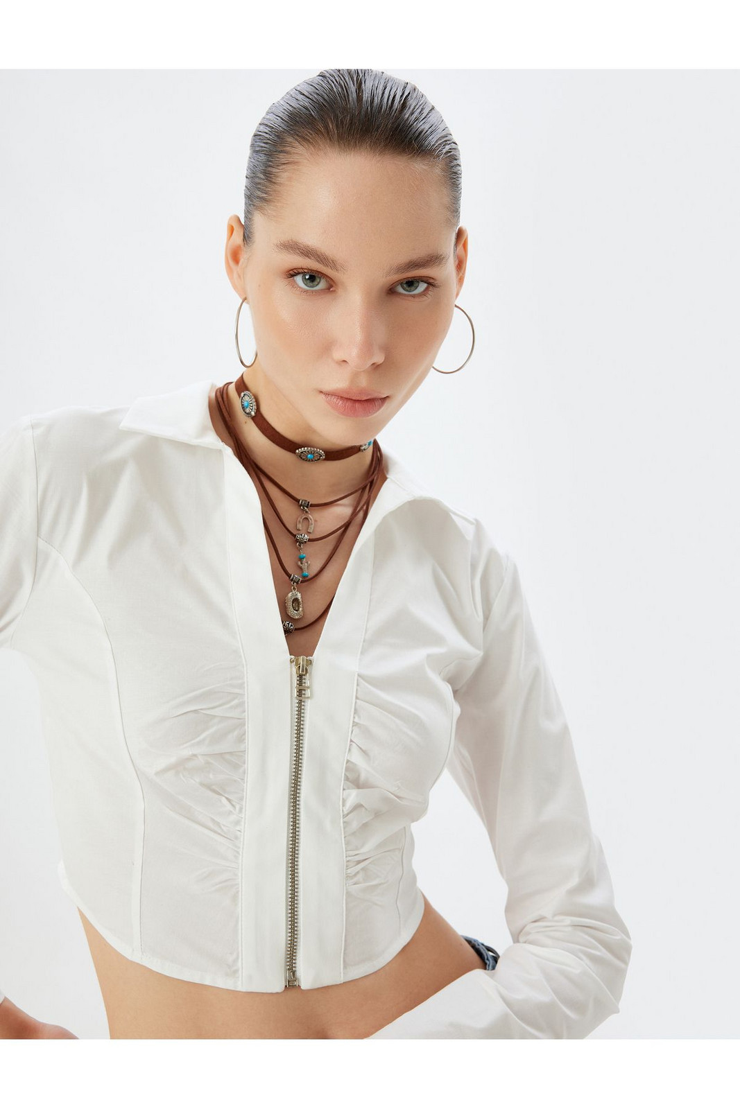 Koton Crop Shirt Zippered Long Sleeve Draped