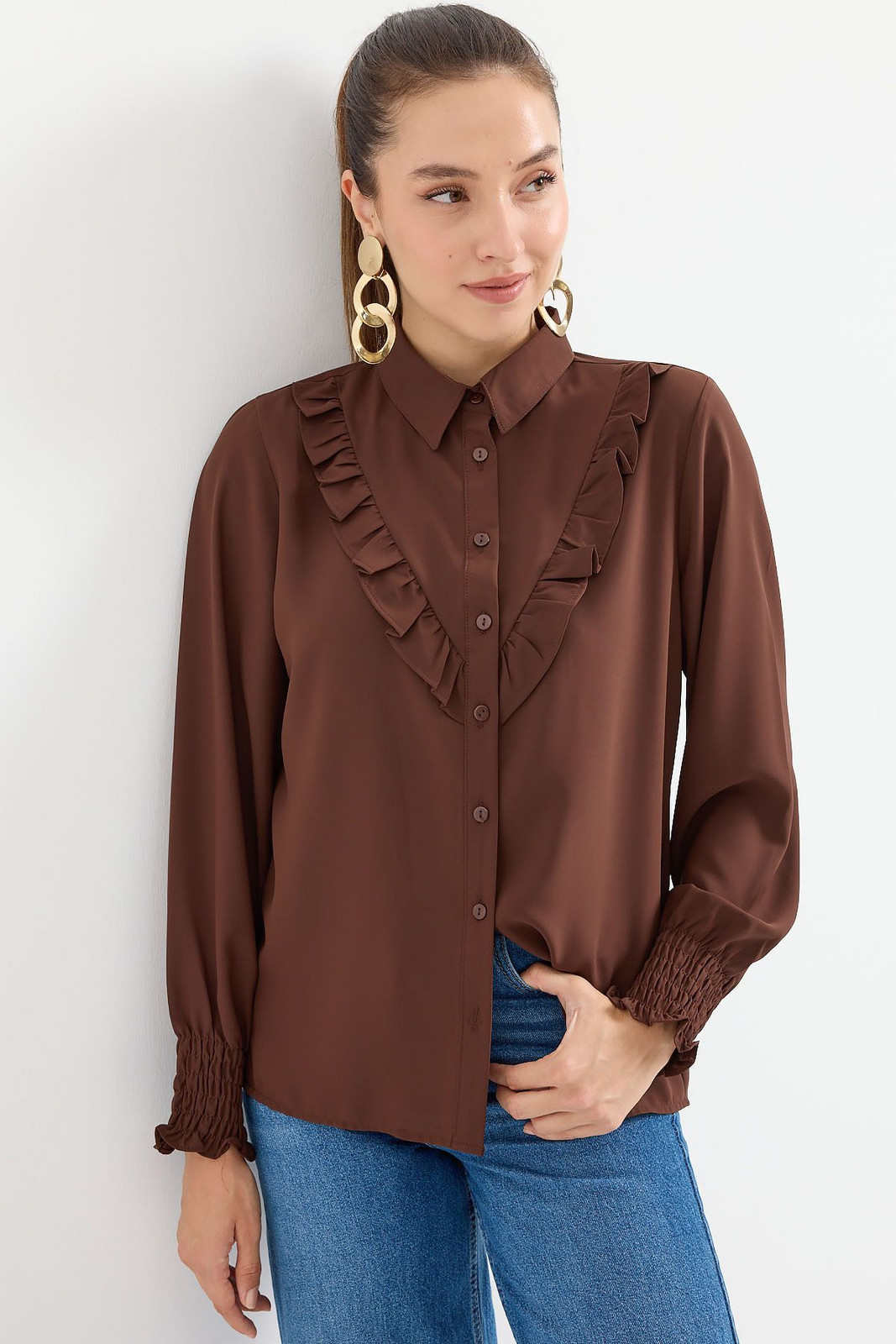 Bigdart 20223 Frilled Long Sleeve Shirt - Brown