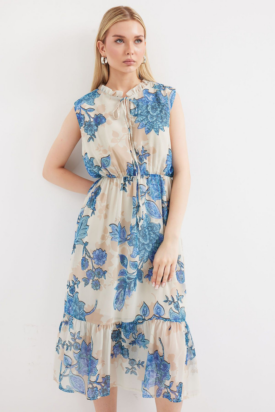 Bigdart 2503 Patterned Zero Sleeve Chiffon Dress - Blue