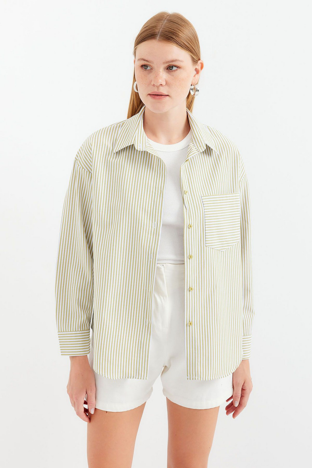 Bigdart 20212 Single Pocket Striped Oversize Shirt - E.Green