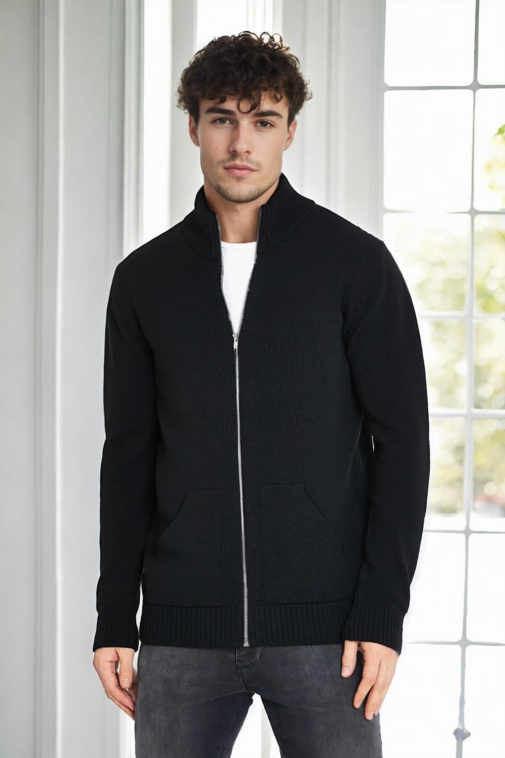 83582 Dewberry Zippered Knitwear Mens Cardigan with Pocket-BLACK