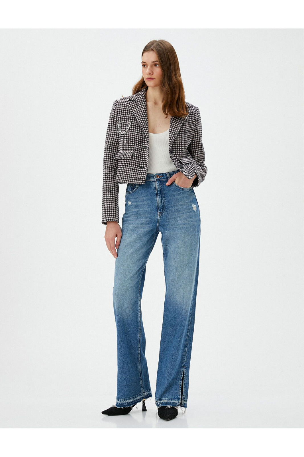 Koton Crop Tweed Jacket Pockets Buttoned Chain Detail