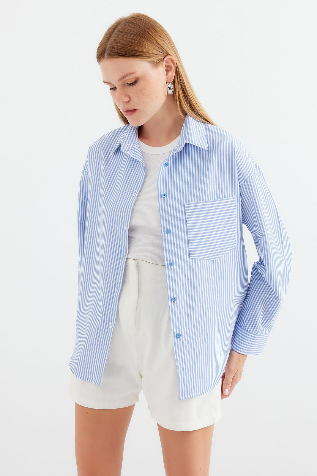 Bigdart 20212 Single Pocket Striped Oversize Shirt - Indigo