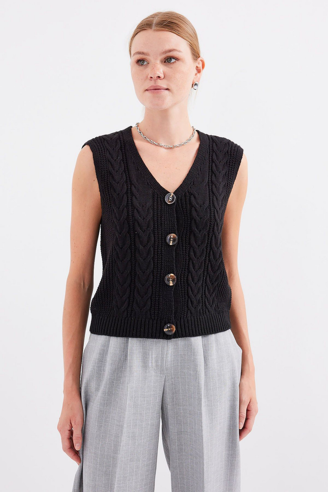 Bigdart 15882 Buttoned Short Knitwear Vest - Black